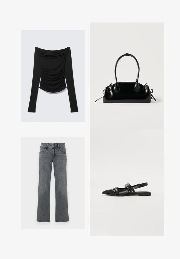 Sort langærmet off-shoulder top med rynkede detaljer foran og en tætsiddende silhuet mod en ensfarvet baggrund.; Grå denimjeans med lige ben, lynlås og knap foran samt fem-lomme-design, vist mod en hvid baggrund.; Even&Odd Slingback-ballerinasko - black; Lille sort blank håndtaske med to lange håndtag og snøre-detaljer i siden på en ensfarvet lys baggrund.