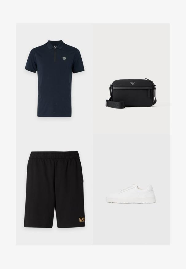 Marineblå polo med korte ærmer, lynlåskrage og et lille, broderet logo på brystet. Glat, letvægtsstof.; Sorte atletiske shorts lavet af blødt stof, med en elastisk talje og et lille gult EA7-logo nederst på venstre ben.; Hvid sneaker med en glat læderoverdel, rund tå, snørebånd, teksturerede sideaccenter og en tyk gummisål. Minimalistisk design.; Sort rektangulær crossbody-taske med lynlåslomme foran, justerbar rem og lille metallogo øverst i midten.