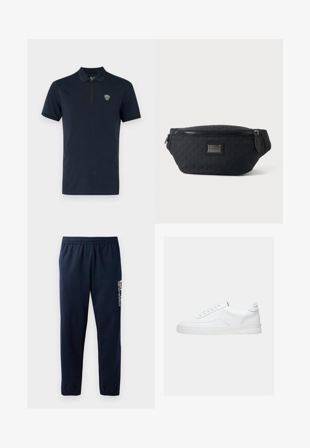 Polo-shirt bleu marine à manches courtes, col zippé et petit logo brodé sur la poitrine. Tissu lisse et léger.; Pantalons de survêtement bleu marine avec une taille élastique, des jambes fuselées et un logo blanc sur le côté. Tissu lisse avec une texture légère.; Baskets basses blanches avec un design à lacets, dessus en cuir lisse et semelle épaisse, montrées de profil sur un fond uni.; Sac banane en tissu noir avec fermeture éclair frontale et petite plaque métallique du logo au centre, présenté sur un fond uni.