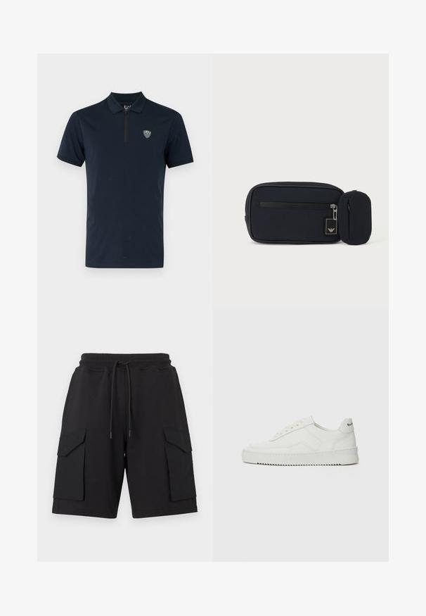 Marineblå polo med korte ærmer, lynlåskrage og et lille, broderet logo på brystet. Glat, letvægtsstof.; Sorte cargoshorts lavet af blødt stof med elastisk talje og snøre. Har to store sidelommer og stikninger ved kanten.; Hvide lædersneakers med en glat overflade, rund tå, flade snørebånd og en tekstureret sål. Har et diskret logo på hælen.; Sort rektangulær pung med frontlynlås og lille tilknyttet rundet pung mod en ensartet lys baggrund.
