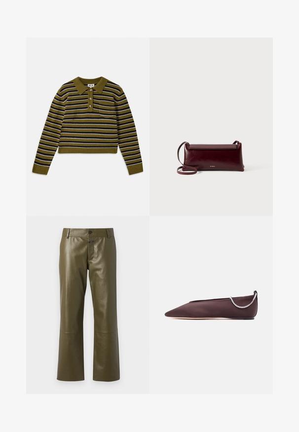 Suéter a rayas con base verde, con rayas horizontales en negro y blanco, un cuello con solapa, tres botones y un bolsillo en el pecho.; CLOSED SERANDON - Pantalón de cuero - marsh green; Zapato plano de punta fina de color marrón oscuro con un tacón bajo y un detalle de cadena de pedrería plateada en la parte trasera.; Bolso bandolera de cuero burdeos con textura suave, forma rectangular, cierre de solapa y una correa delgada y ajustable. Detalle del logo en dorado visible.