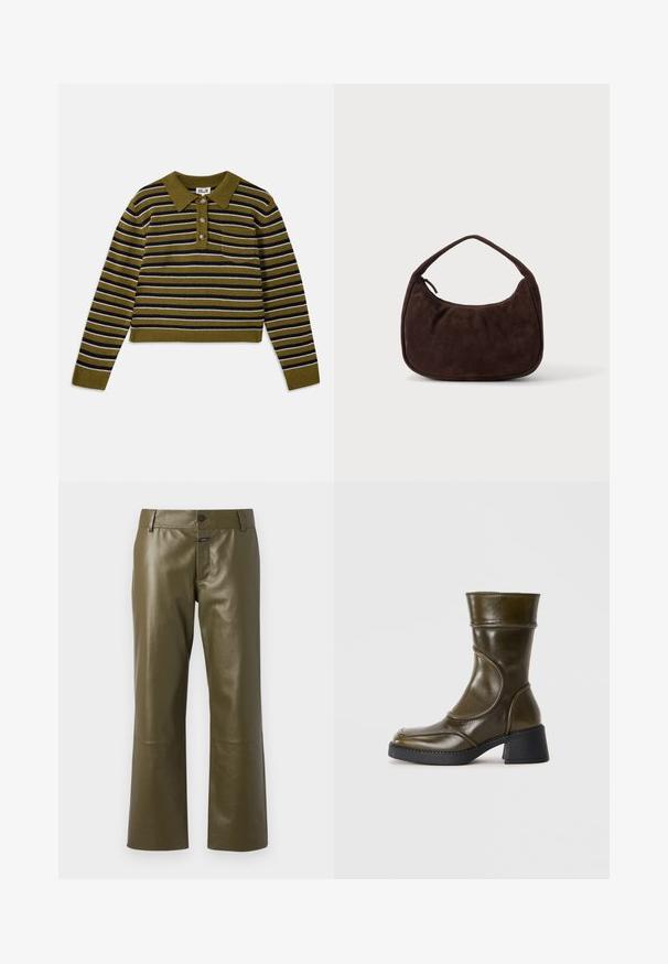 Pull rayé avec une base verte, présentant des rayures horizontales noires et blanches, un col, trois boutons et une poche poitrine.; CLOSED SERANDON - Pantalon en cuir - marsh green; Bottine en cuir vert olive avec un bout arrondi, un panneau élastique et un talon épais noir. Texture lisse et détails de couture subtils.; Sac à main en daim marron foncé avec une courte sangle et une forme rectangulaire arrondie sur un fond uni clair.