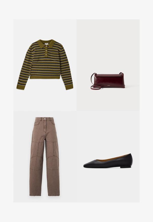 Stripet sweater med grøn bund, der har vandrette striber i sort og hvid, en kravehals, tre knapper og en brystlomme.; Brune bukser med høj talje og lige ben, med synlige knælapper, knaplukning foran og forlommer, vist på en ensfarvet baggrund.; Sort læder flad sko med spids tå, lav hæl og glat finish, vist fra siden på en lysegrå baggrund.; Bordeaux læder crossbody taske med en glat tekstur, rektangulær form, flaplukning og en tynd justerbar rem. Guldlogo detalje synlig.