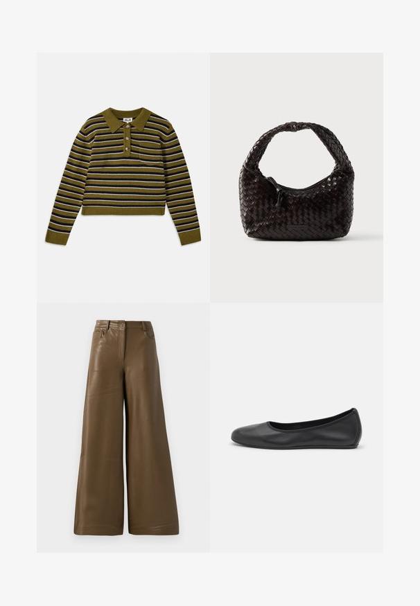 Stripet sweater med grøn bund, der har vandrette striber i sort og hvid, en kravehals, tre knapper og en brystlomme.; Breddebenede bukser lavet af glat, brun kunstlæder. Har højt talje, fire lommer og en lynlås foran. Flad tekstur og minimalistisk design.; Sort læderballetsko med rund tå, glat tekstur, minimal syning og et fleksibelt såldesign.; Vævet læderhåndtaske i mørkebrun, rund form med et tykt flettet håndtag. Har lynlåslukning og diskret branding på siden.