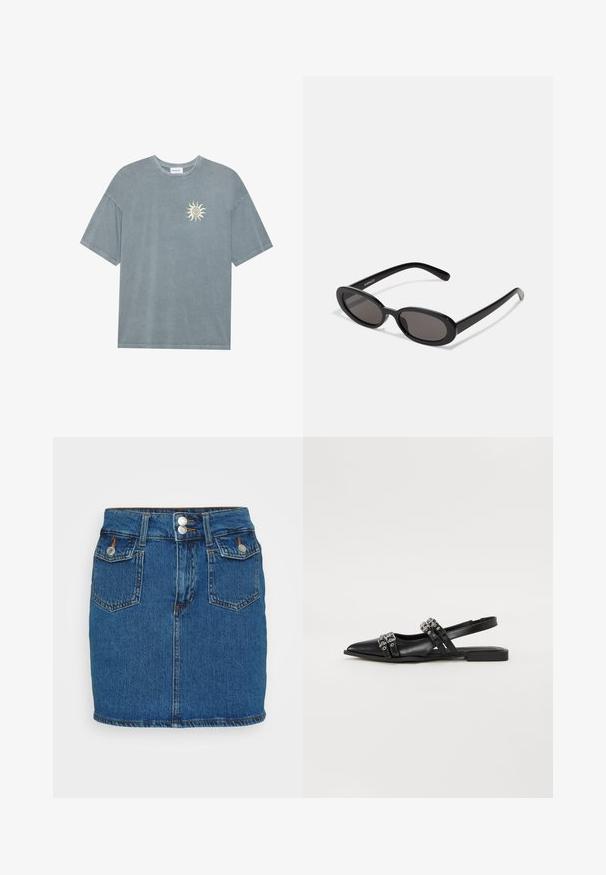 Lyseblå oversized t-shirt lavet af blødt bomuld med en rund halsudskæring og et gult solmotiv på venstre bryst.; Denim mini skirt, mørkeblå, har høj talje med to forreste knapper, fem-lomme design og kontraststing langs kanten.; Even&Odd Slingback-ballerinasko - black; Even&Odd Solbriller - black