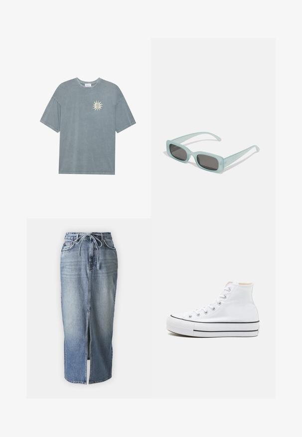 T-shirt surdimensionné bleu clair en coton doux, avec un col rond et un motif de soleil jaune sur le côté gauche de la poitrine.; Jupe mi-longue en denim bleu clair avec une fente avant, une taille à cordon et un design classique à cinq poches. Texture douce, style décontracté.; Baskets montantes blanches en toile, semelle en caoutchouc noir et bande noire contrastante sur la semelle intermédiaire. Bout rond et design à lacets.; Une paire de lunettes de soleil rectangulaires avec des montures translucides bleu clair et des verres gris foncé, présentant des branches droites et des détails matériels minimaux.
