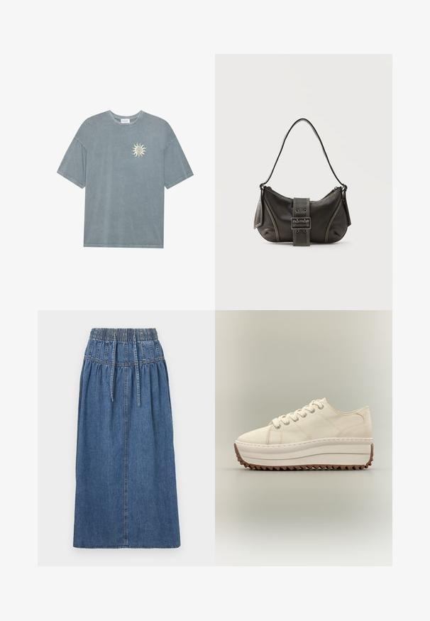 T-shirt surdimensionné bleu clair en coton doux, avec un col rond et un motif de soleil jaune sur le côté gauche de la poitrine.; Jupe midi en denim avec une taille élastiquée, une fermeture à cordon de serrage, et une silhouette droite. Couleur bleue avec une texture subtile et des détails de couture.; Baskets à plateforme couleur crème avec semelle blanche épaisse et crampons marron en zigzag, fermeture à lacets et tige en toile.; Sac à épaule en cuir noir avec une sangle à boucle, des bords arrondis et des coutures blanches contrastées sur un fond uni.