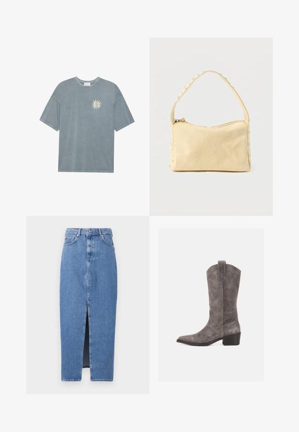 Hellblaues oversized T-Shirt aus weichem Baumwollstoff mit rundem Halsausschnitt und einem gelben Sonnenmotiv auf der linken Brustseite.; Hellblaues Denim-Midi-Rock mit einem vorderen Schlitz, klassischem Fünf-Taschen-Design und einem oberen Knopfverschluss. Der Stoff hat eine leichte Textur.; Grauer Wildleder-Westernstiefel bis zur Mitte der Wade mit spitzer Spitze, Zuglasche und niedrigem Blockabsatz auf weißem Hintergrund.; Kleine beige Ledertasche mit einem einzigen Riemen und silbernen Nieten entlang der Kanten und des Riemens, vor einem schlichten Hintergrund.