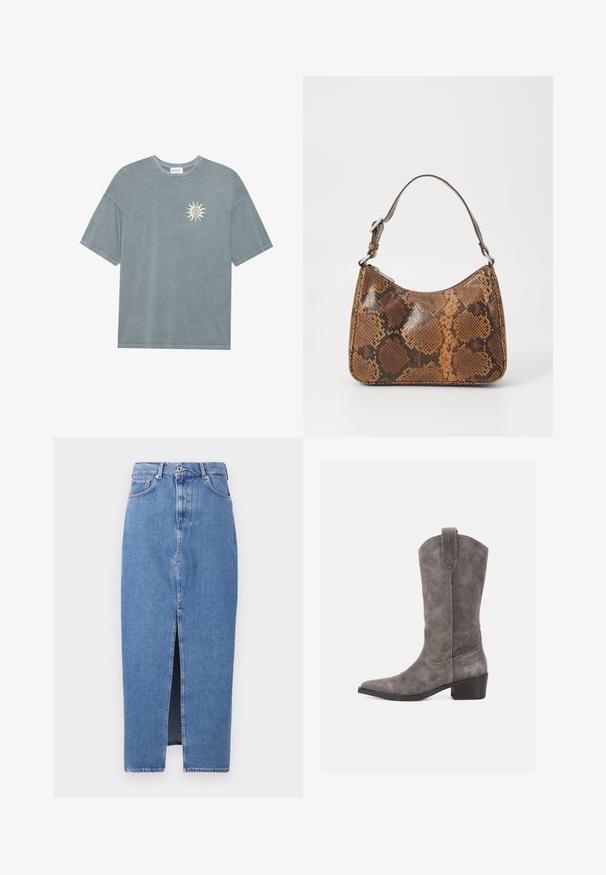 T-shirt surdimensionné bleu clair en coton doux, avec un col rond et un motif de soleil jaune sur le côté gauche de la poitrine.; Jupe midi en denim bleu clair avec une fente avant, design classique à cinq poches et fermeture par bouton supérieur. Le tissu présente une légère texture.; Botte western mi-mollet en suède gris avec bout pointu, languette de tirage et petit talon empilé sur fond blanc.; Petit sac à main avec un motif en peau de serpent marron et noir, courroie courte et ajustable, et fermeture éclair.