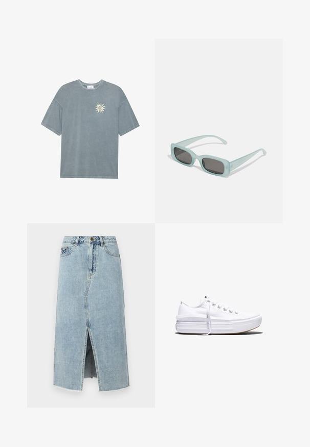 Lyseblå oversized t-shirt lavet af blødt bomuld med en rund halsudskæring og et gult solmotiv på venstre bryst.; Lysblå denimskørt med en frontslids, frynset kant, fem lommer og en knaplukning i taljen. Klassisk lige snit design.; Hvid lavt snørestøvle med tyk plateau-sål, snørelukning foran og gummiforstærket tåkap, set i sideprofil.; Et par rektangulære solbriller med lyseblå gennemsigtige stel og mørkegrå linser, der har lige templer og minimale hardware detaljer.