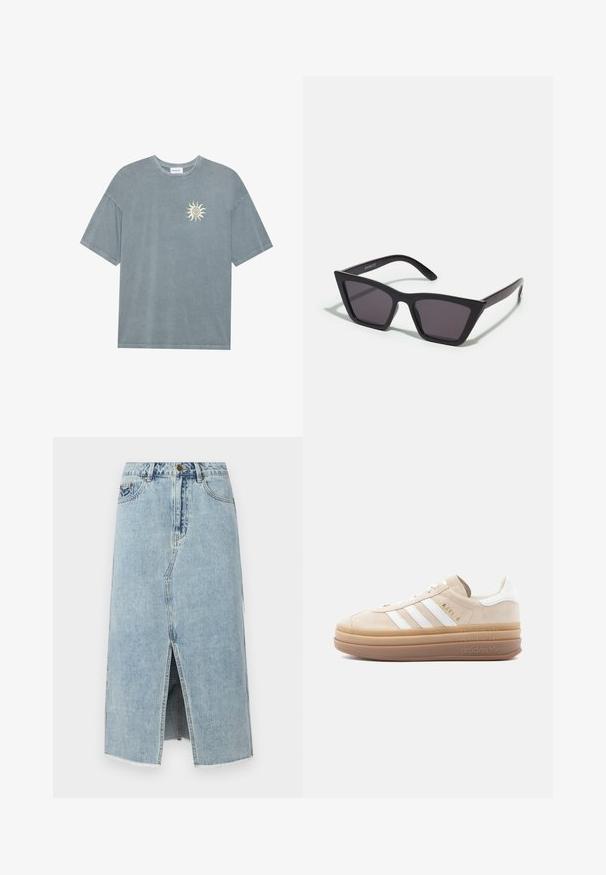 Lyseblå oversized t-shirt lavet af blødt bomuld med en rund halsudskæring og et gult solmotiv på venstre bryst.; Lysblå denimskørt med en frontslids, frynset kant, fem lommer og en knaplukning i taljen. Klassisk lige snit design.; Beige ruskindsneaker med hvide læderdetaljer, der har tre hvide striber, et gyldent logo og en tyk, gennemsigtig gummisål.; Sorte, kantede solbriller med grå linser; lavet af plast, med tykke stænger med en glat overflade og ingen synlig hardware.