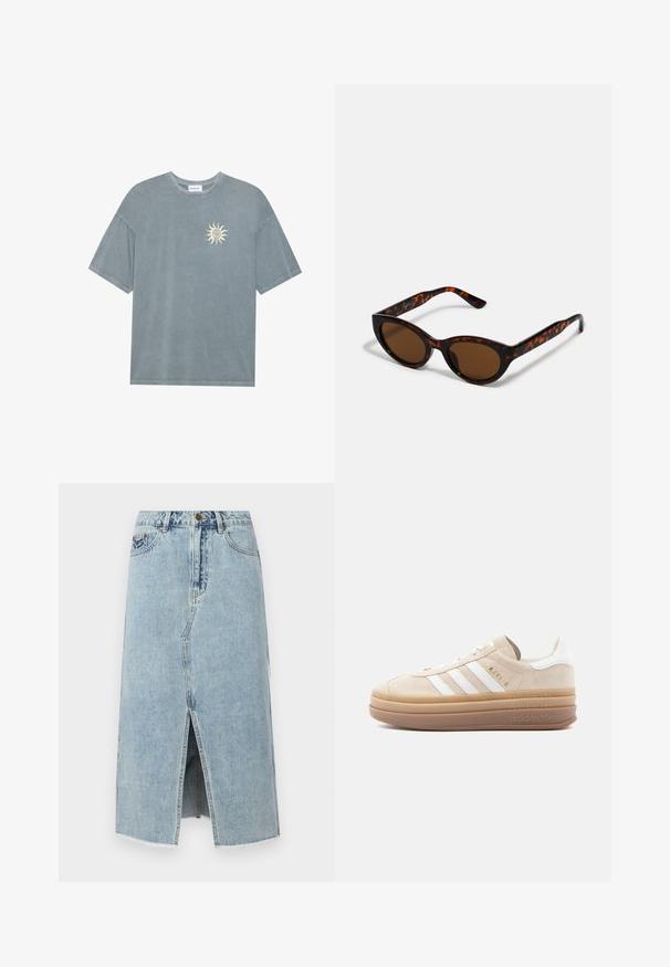 Lyseblå oversized t-shirt lavet af blødt bomuld med en rund halsudskæring og et gult solmotiv på venstre bryst.; Lysblå denimskørt med en frontslids, frynset kant, fem lommer og en knaplukning i taljen. Klassisk lige snit design.; Beige ruskindsneaker med hvide læderdetaljer, der har tre hvide striber, et gyldent logo og en tyk, gennemsigtig gummisål.; Brune skildpadde solbriller med en vintage katteøje-form og brune linser. Har buede arme med røde detaljer.