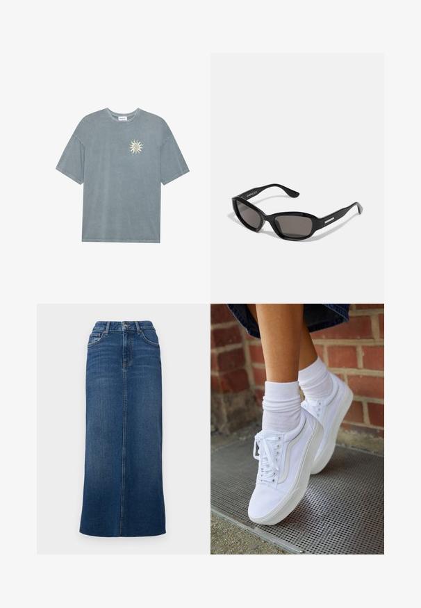 T-shirt surdimensionné bleu clair en coton doux, avec un col rond et un motif de soleil jaune sur le côté gauche de la poitrine.; Jupe midi en denim bleu foncé, présentant une coupe droite, une taille avec passants de ceinture et une fente centrale au dos pour plus de liberté de mouvement.; Baskets en toile blanches avec semelles en caoutchouc, dotées de six œillets, d'un bout rond et de détails de couture légers, portées avec des chaussettes blanches mi-mollet.; Lunettes de soleil noires avec une monture rectangulaire, des verres sombres, un matériau plastique lisse et un accent métallique sur la branche.