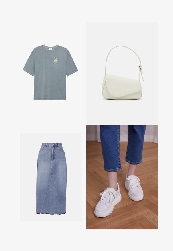 Hellblaues oversized T-Shirt aus weichem Baumwollstoff mit rundem Halsausschnitt und einem gelben Sonnenmotiv auf der linken Brustseite.; Hellblaue Denim-Midirock mit hohem Bund, vorderen Nähten und ungleichem Saum mit rohen Kanten für ein strukturierte Finish.; Beine, die kurze blaue Jeans und weiße Schnür-Plateausneaker tragen und auf hellem Holzboden stehen.; Weiße Kunstleder-Handtasche mit einer strukturierten dreieckigen Form, einem verstellbaren Einzelgurt und einem Klappenverschluss mit geschwungenen Akzenten.