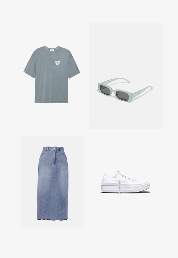 Camiseta oversize azul claro hecha de algodón suave, con un escote redondo y un gráfico de un sol amarillo en la parte izquierda del pecho.; Falda midi de mezclilla en azul claro, con una cintura alta, costuras frontales y un dobladillo unevenido con bordes sin terminar para un acabado texturizado.; Zapatilla blanca de lona de perfil bajo con suela gruesa de plataforma, cierre de cordones en el frente y puntera de goma texturizada, mostrada de perfil.; Un par de gafas de sol rectangulares con montura translucida azul clara y lentes gris oscuro, que cuentan con patillas rectas y detalles de hardware mínimos.