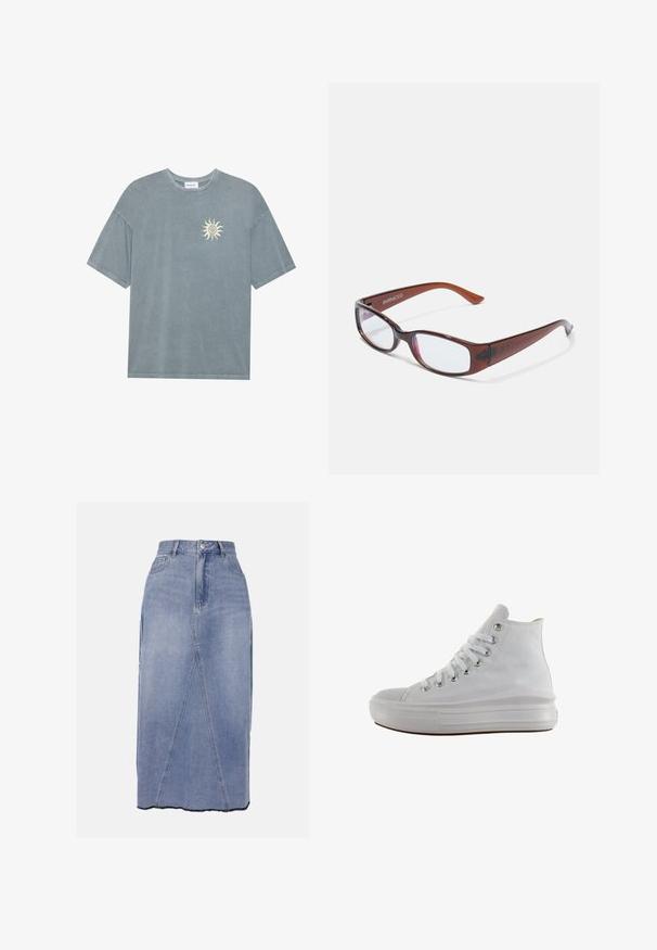 Lyseblå oversized t-shirt lavet af blødt bomuld med en rund halsudskæring og et gult solmotiv på venstre bryst.; Denim midi nederdel i lys blå, med høj talje, frontsømmene og en ujævn kant med rå kanter for et struktureret finish.; Hvid højt canvas sneaksko med hvide snørebånd, metaløjer, tyk gummisål og tekstureret tåhætte, vendt mod venstre på en hvid baggrund.; Brune-farvede rektangulære briller med en glat overflade, der har slanke arme og gennemsigtige linser. Logoet er synligt på venstre temple.
