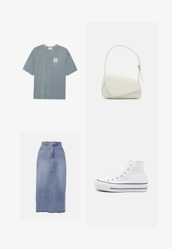 Vaaleansininen ylisuuri t-paita, joka on valmistettu pehmeästä puuvillasta, pyöreällä kaula-aukolla ja keltaisella auringon grafiikalla vasemmassa rinnassa.; Denim midi-hame vaaleansinisessä värissä, jossa on korkea vyötärö, etusaumat ja epätasainen helma raidoilla, mikä luo tekstuuria.; Valkoiset korkeavartiset tennarit, joissa on kankainen päällinen, musta kumipohja ja kontrastivärinen musta raita keskikohdalla. Pyöreä varvastuki ja nauhakiinnitys.; Valkoinen keinonahkainen käsilaukku, jossa on jämäkkä kolmion muoto, yksi säädettävä olkahihna ja kaareva läppäkiinnitys.