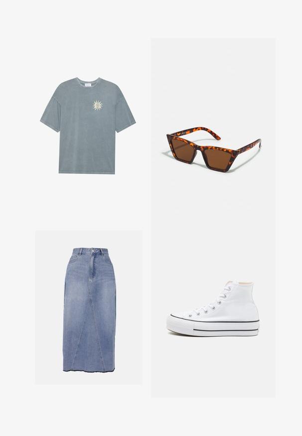 Hellblaues oversized T-Shirt aus weichem Baumwollstoff mit rundem Halsausschnitt und einem gelben Sonnenmotiv auf der linken Brustseite.; Hellblaue Denim-Midirock mit hohem Bund, vorderen Nähten und ungleichem Saum mit rohen Kanten für ein strukturierte Finish.; Weiße High-Top-Sneaker aus einem Material aus Segeltuch, mit schwarzer Gummisohle und kontrastierendem schwarzen Streifen auf der Zwischensohle. Runde Zehenkappe und Schnürdesign.; Braungetönte Sonnenbrille mit Schildpattmuster, eckigem Rahmen und schlanken Bügeln. Hergestellt aus leichtem Kunststoffmaterial.