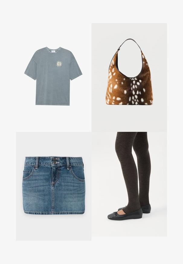 Lyseblå oversized t-shirt lavet af blødt bomuld med en rund halsudskæring og et gult solmotiv på venstre bryst.; Jeans mini nederdel i mellemblå med rå kant. Har en knaplukning, to forlommer og kontrasterende syninger.; Ben iført mørke ribbede leggings kombineret med sorte balletsko med små sløjfedetaljer på hvid baggrund.; Brun og sort håndtaske med hvid pletskindtekstur og en enkelt sort skulderrem på en ensfarvet baggrund.