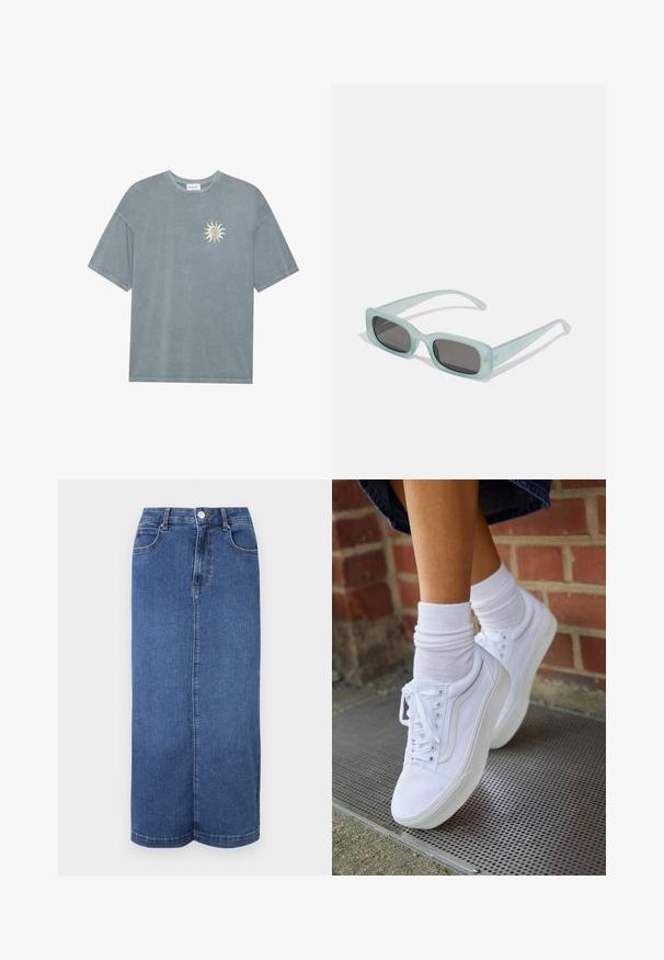 Lyseblå oversized t-shirt lavet af blødt bomuld med en rund halsudskæring og et gult solmotiv på venstre bryst.; Mørkeblå denim maxiskørt med lige snit, talje med knaplukning og minimale syninger.; Hvide lærreds sneakers med gummisåler, der har seks snørehuller, rund tå og let sømdetaljer, krydret med hvide ankelstrømper.; Et par rektangulære solbriller med lyseblå gennemsigtige stel og mørkegrå linser, der har lige templer og minimale hardware detaljer.