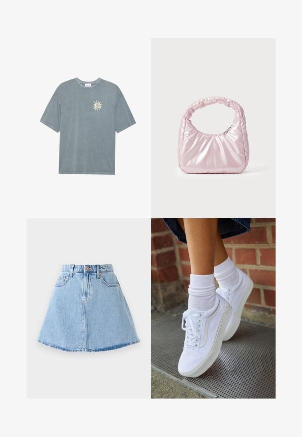 Lyseblå oversized t-shirt lavet af blødt bomuld med en rund halsudskæring og et gult solmotiv på venstre bryst.; Denim A-line nederdel i lyseblå med frynset kant, fem lommer og knaplukning. Har kobberfarvet hardware og diskrete syninger.; Hvide lærreds sneakers med gummisåler, der har seks snørehuller, rund tå og let sømdetaljer, krydret med hvide ankelstrømper.; Rosa, polstret håndtaske med afrundet design, lavet af skinnende materiale. Har et samlet håndtag og en lynlås til sikker adgang.
