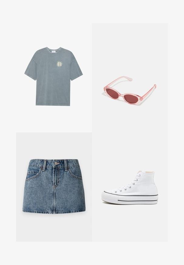 T-shirt surdimensionné bleu clair en coton doux, avec un col rond et un motif de soleil jaune sur le côté gauche de la poitrine.; Mini-jupe en denim de teinte bleue medium, avec une taille ajustée, des poches avant et des détails de couture subtils. Fini en tissu lisse et texturé.; Baskets montantes blanches en toile, semelle en caoutchouc noir et bande noire contrastante sur la semelle intermédiaire. Bout rond et design à lacets.; Lunettes de soleil transparentes roses avec des verres ovales, teintés d'un rouge foncé, et des branches fines, présentant une finition lisse et des détails subtils sur la monture.