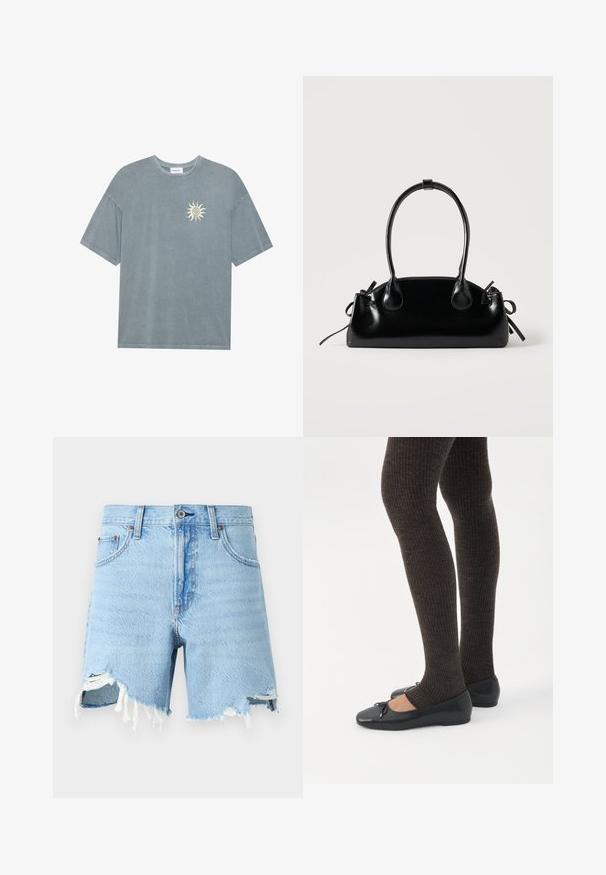 T-shirt surdimensionné bleu clair en coton doux, avec un col rond et un motif de soleil jaune sur le côté gauche de la poitrine.; Shorts en denim bleu clair avec un design classique à cinq poches, ourlet effiloché et détails usés à l'avant.; Jambes portant des leggings côtelés foncés associés à des ballerines noires avec de petits détails en nœud sur fond blanc.; Petit sac à main noir brillant avec deux longues anses et des détails à cordon sur les côtés sur un fond clair uni.