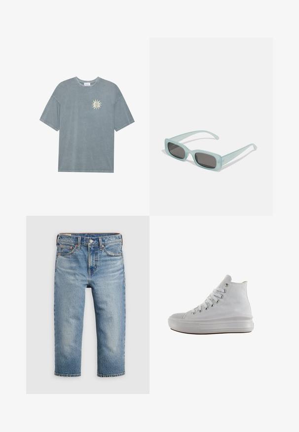 Hellblaues oversized T-Shirt aus weichem Baumwollstoff mit rundem Halsausschnitt und einem gelben Sonnenmotiv auf der linken Brustseite.; Hellblaue Jeans aus Denim mit lockerem Schnitt, verkürzter Länge, fünf Taschen und Metallknopfverschluss. Verblasste Textur mit dezenten Nähdetails.; Weißer High-Top-Canvas-Sneaker mit weißen Schnürsenkeln, metallischen Ösen, dicker Gummisohle und strukturierter Zehenkappe, nach links auf weißem Hintergrund ausgerichtet.; Ein Paar rechteckige Sonnenbrillen mit lichtblauen, halbtransparenten Rahmen und dunkelgrauen Gläsern, ausgestattet mit geraden Bügeln und minimalen Hardware-Details.