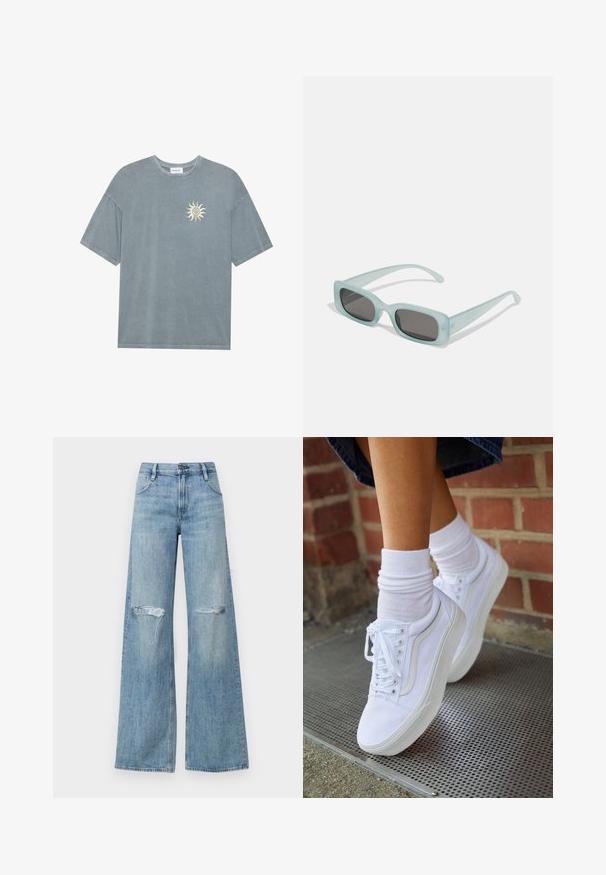 Lyseblå oversized t-shirt lavet af blødt bomuld med en rund halsudskæring og et gult solmotiv på venstre bryst.; Lyseblå højtaljede wide-leg jeans med slidte knæ, klassisk fem-lomme design og lynlås med knaplukning.; Hvide lærreds sneakers med gummisåler, der har seks snørehuller, rund tå og let sømdetaljer, krydret med hvide ankelstrømper.; Et par rektangulære solbriller med lyseblå gennemsigtige stel og mørkegrå linser, der har lige templer og minimale hardware detaljer.