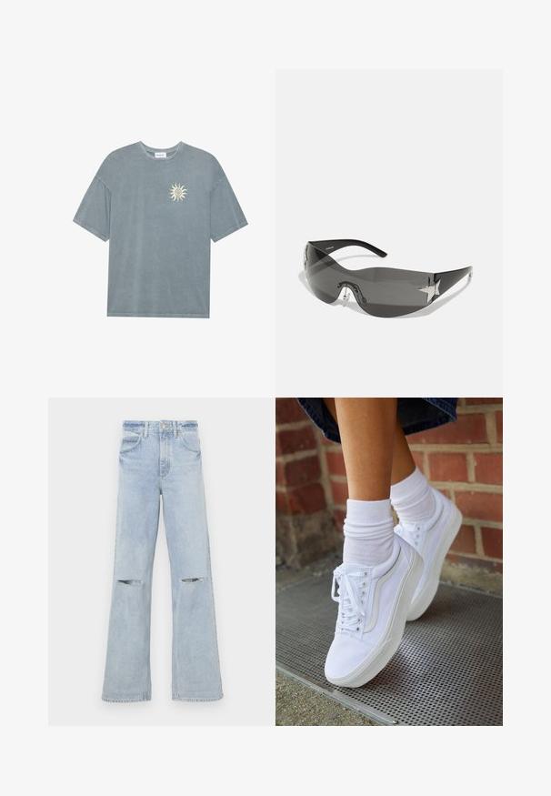 Camiseta oversize azul claro hecha de algodón suave, con un escote redondo y un gráfico de un sol amarillo en la parte izquierda del pecho.; Jeans de pierna ancha en azul claro con cortes deshilachados en las rodillas, cintura alta y un diseño clásico de cinco bolsillos. Fabricados en una tela vaquera de textura suave.; Zapatillas de lona blancas con suelas de goma, que presentan seis ojales, puntera redonda y detalles de costura ligera, combinadas con calcetines blancos hasta el tobillo.; Gafas de sol negras con diseño envolvente, lentes oscuros, acentos brillantes en forma de estrella y almohadillas nasales ajustables.