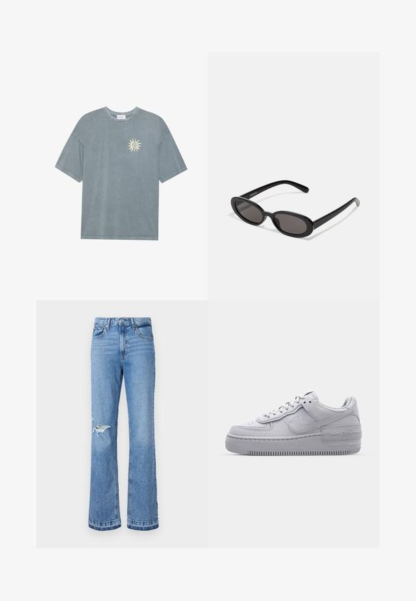 Lyseblå oversized t-shirt lavet af blødt bomuld med en rund halsudskæring og et gult solmotiv på venstre bryst.; Lysblå denim flared jeans med høj talje, der har et hul på højre knæ og syninger langs sømmene og kanten.; Grå Nike Air Force 1 sneakers med perforeret tå, glat læderoverdel, tyk sål og præget 'AIR' detalje på hælen.; Even&Odd by Zalando Solbriller - black