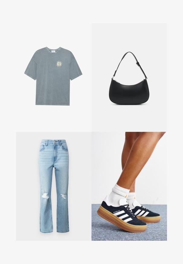 Lyseblå oversized t-shirt lavet af blødt bomuld med en rund halsudskæring og et gult solmotiv på venstre bryst.; Lyseblå jeans lavet af denim, med høj talje, lige ben og slidte detaljer med revner ved knæene.; Ben iført hvide sokker og sorte Adidas Gazelle sneakers med hvide striber og tykke brune såler på et gråt tæppe.; Pieces PCALUANA SHOULDER BAG - Håndtasker - black