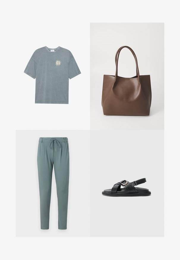 Camiseta oversize azul claro hecha de algodón suave, con un escote redondo y un gráfico de un sol amarillo en la parte izquierda del pecho.; Pantalones joggers de un suave material en un tono verde azulado claro, con una cintura elástica y cordón, piernas ajustadas y sin patrones visibles.; Sandalia de cuero negra con tiras trenzadas, un acento metálico circular y correa trasera ajustable. Suela plana con un acabado texturizado.; Bolso tote de cuero marrón con dos asas largas, forma estructurada, textura suave y diseño minimalista. Sin herrajes o acentos visibles.