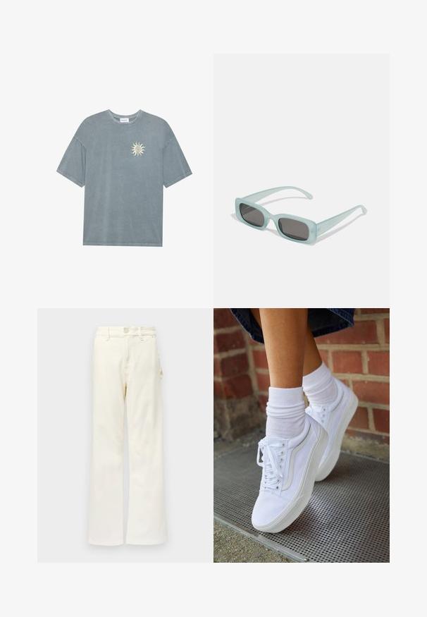 T-shirt surdimensionné bleu clair en coton doux, avec un col rond et un motif de soleil jaune sur le côté gauche de la poitrine.; Good American GOOD 90S CARPENTER - Wide Leg - white denim; Baskets en toile blanches avec semelles en caoutchouc, dotées de six œillets, d'un bout rond et de détails de couture légers, portées avec des chaussettes blanches mi-mollet.; Une paire de lunettes de soleil rectangulaires avec des montures translucides bleu clair et des verres gris foncé, présentant des branches droites et des détails matériels minimaux.