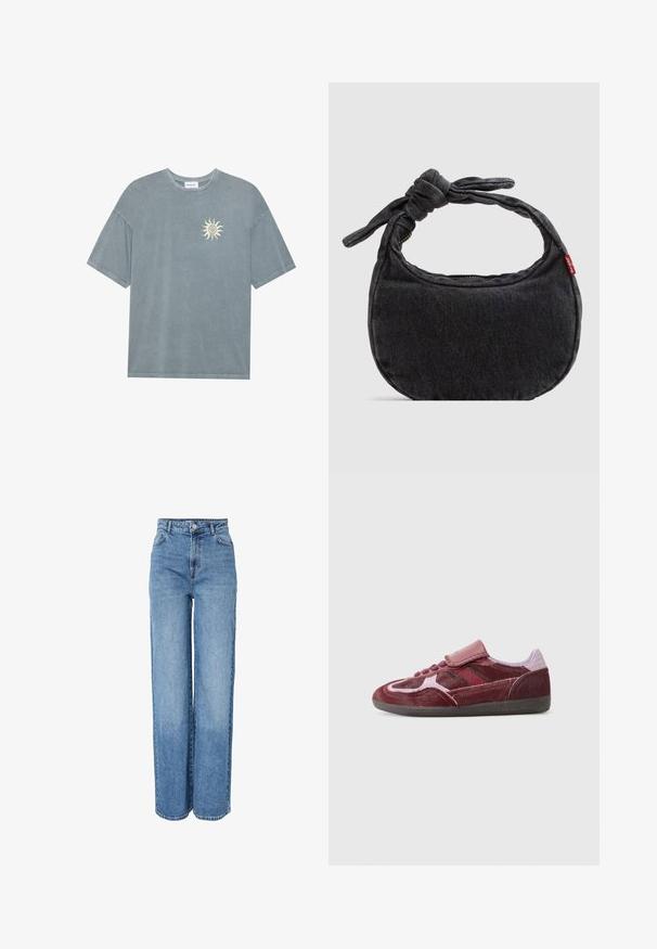 Camiseta oversize azul claro hecha de algodón suave, con un escote redondo y un gráfico de un sol amarillo en la parte izquierda del pecho.; Jeans de mezclilla azules de tiro alto y pierna recta con cierre frontal de botones y cremallera, trabillas para cinturón y bolsillos delanteros y traseros.; Zapatilla de ante roja con una puntera lisa, paneles laterales texturizados, cordones tonales y una correa de Velcro. Presenta una suela de goma negra duradera.; Bolso pequeño de hombro de mezclilla negra con correa anudada y cierre de cremallera, con una etiqueta de tela roja de Levi's en el lateral.