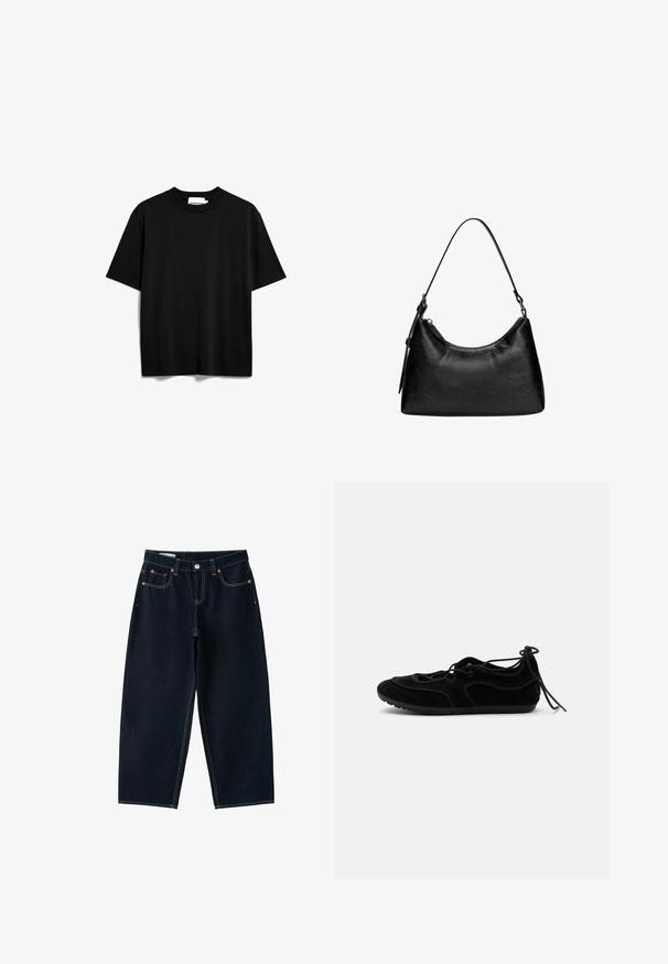 Schwarz, kurzes T-Shirt aus Baumwolle. Verfügt über einen Rundhalsausschnitt und eine lockere Passform mit einer glatten, matten Textur. Keine sichtbaren Muster oder Logos.; Dunkelblaue Jeans mit weitem Bein, fünf Taschen, Knopfverschluss und Kontrastnähten auf weißem Hintergrund.; Schwarzer Wildleder-Ballerinaschuh mit Schnürband um den Knöchel und strukturierter Gummisohle, von der Seite auf schlichtem Hintergrund gezeigt.; Schwarze Handtasche aus synthetischem Leder mit geschwungener Form, kurzen Tragegriff, Reißverschlussverschluss und einem dezenten strukturierten Muster auf der Oberfläche.