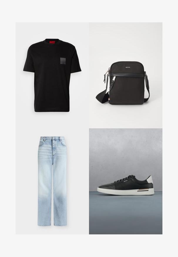 Schwarzes Baumwoll-T-Shirt mit Rundhalsausschnitt, versehen mit einem strukturierten schwarzen Patch mit Logo auf der linken Brust. Kurze Ärmel und entspannter Schnitt.; Hellblaue, hoch taillierte Jeans mit geradem Bein, Fronttaschen, Gürtelschlaufen und einem Knopfverschluss.; Schwarze Ledersneaker mit weißer Sohle, ausgestattet mit Perforationen, Schnürdesign, Logo an der Seite und kontrastierenden Fersendetails in Weiß und Braun.; Schwarze Umhängetasche aus strukturiertem Stoff, mit Logo auf der Vorderseite, Reißverschluss und verstellbarem Tragegurt. Verfügt über eine glatte Lederbesatz.