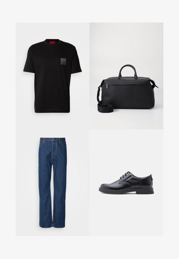 Sort bomulds T-shirt med rund hals, prydet med en struktureret sort lap med logo på venstre bryst. Korte ærmer og afslappet pasform.; Blå denim jeans med lige ben, der har en knaplukning, fem lommer og kontraststikninger langs sømmene.; Sorte snørestøvler i læder med glat tekstur, rundet tå og diskrete syningsdetaljer. Har en rød trækflig på hælen.; Sort læder duffel taske med to top hanke, en aftagelig skulderrem og en lynlåslomme foran til ekstra opbevaring.