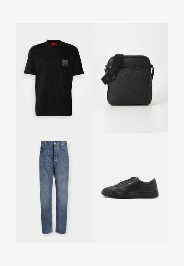 Schwarzes Baumwoll-T-Shirt mit Rundhalsausschnitt, versehen mit einem strukturierten schwarzen Patch mit Logo auf der linken Brust. Kurze Ärmel und entspannter Schnitt.; Gerade geschnittene blaue Jeans aus Denim mit hoher Taille, Frontknopfverschluss und Fünf-Taschen-Design auf einem schlichten hellen Hintergrund.; Schwarze Leder-Sneaker mit glatter Textur, runder Zehenpartie, flacher Gummisohle und einfarbigen Schnürsenkeln. Mit goldfarbenem "BOSS" Logo an der Seite.; Schwarze Leder-Crossbody-Tasche mit strukturierter Oberfläche, ausgestattet mit einer vorderen Reißverschlusstasche, verstellbarem Riemen und metallenen Hardware-Details.