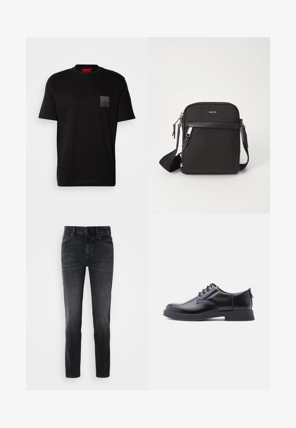 Sort bomulds T-shirt med rund hals, prydet med en struktureret sort lap med logo på venstre bryst. Korte ærmer og afslappet pasform.; Sorte denimjeans med slim fit, der har en mellemhøj talje, klassisk fem-lomme design og subtle falmning på benene.; Sorte snørestøvler i læder med glat tekstur, rundet tå og diskrete syningsdetaljer. Har en rød trækflig på hælen.; Sort crossbody taske med et struktureret stof, logo på fronten, lynlås lukning og justerbar rem. Har en glat læderkant.