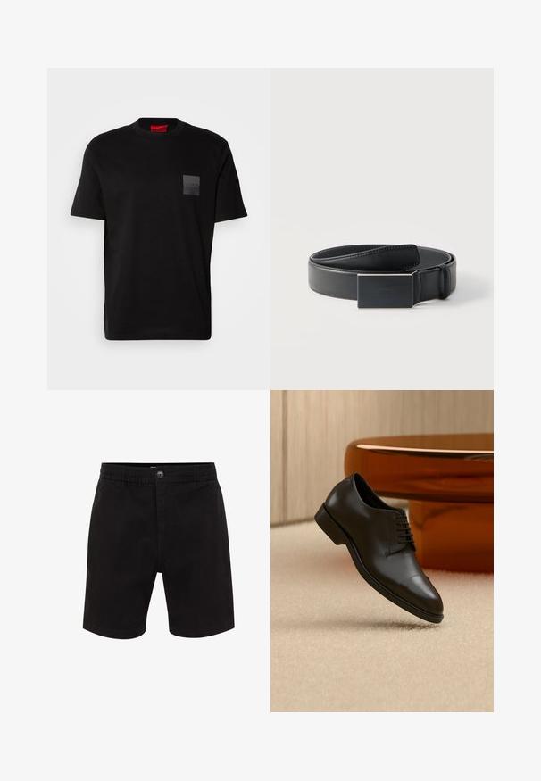 Zwart katoenen T-shirt met een ronde hals, met een gestructureerde zwarte patch met logo op de linkerborst. Korte mouwen en een ontspannen pasvorm.; Zwarte shorts van lichtgewicht katoen. Voorzien van een elastische tailleband, knoopsluiting en zijzakken. Soepele textuur, op maat ontworpen.; Zwarte leren nette schoen met veters zwevend boven een beige tapijt, oranje ronde tafel op de achtergrond.; Zwarte leren riem opgerold met een rechthoekige matte zwarte gesp en een discreet geperst logo op een witte achtergrond.