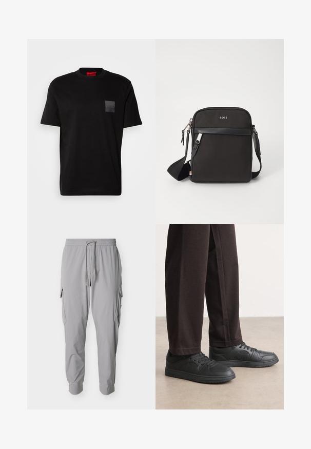 Sort bomulds T-shirt med rund hals, prydet med en struktureret sort lap med logo på venstre bryst. Korte ærmer og afslappet pasform.; Lysegrå cargobukser med elastisk talje, justerbar snor, sidelommer med klap og tilspidsede benender.; Sorte sneakers med en glat læderlignende overflade, rund tå og snørebåndsdesign. Sammen med mørke, afslappede bukser. Flad gummisål.; Sort crossbody taske med et struktureret stof, logo på fronten, lynlås lukning og justerbar rem. Har en glat læderkant.