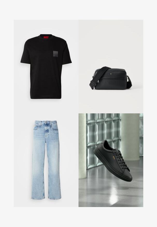Sort bomulds T-shirt med rund hals, prydet med en struktureret sort lap med logo på venstre bryst. Korte ærmer og afslappet pasform.; Lysblå vide jeans med høj talje, der har en falmet finish, bæltestropper og klassisk fem-lomme design. Kantene er rå.; Sort lavtopet lædersneaker med sorte snørebånd og gyldent BOSS-logo på siden, svævende over en blank grå gulv i et moderne indendørs rum.; Sort tekstureret læder crossbody taske med front lynlåslomme og justerbar bred stofskulderrem på hvid baggrund.