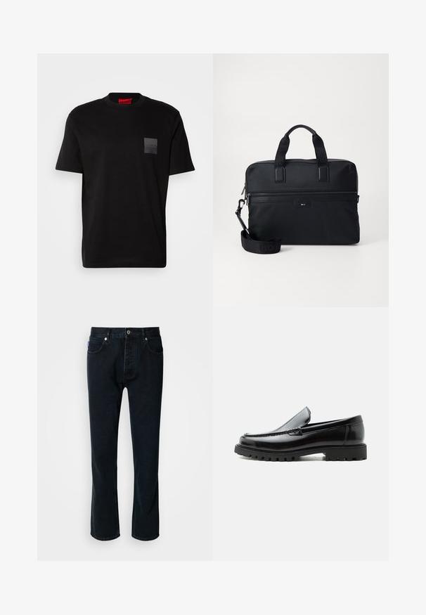 Zwart katoenen T-shirt met een ronde hals, met een gestructureerde zwarte patch met logo op de linkerborst. Korte mouwen en een ontspannen pasvorm.; HUGO JONAH - Straight leg jeans - dark blue; Zwarte leren loafer met dikke rubberen zool, gestikte bovenkant en gegraveerde merknaam op de hiel, zijaanzicht op witte achtergrond.; Zwarte nylon laptoptas met twee handvatten, een afneembare schouderriem, een ritsvak en subtiele branding. Gestructureerd oppervlak met een slank ontwerp.