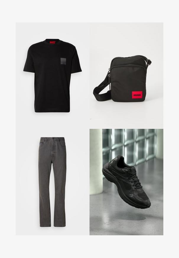 Schwarzes Baumwoll-T-Shirt mit Rundhalsausschnitt, versehen mit einem strukturierten schwarzen Patch mit Logo auf der linken Brust. Kurze Ärmel und entspannter Schnitt.; Graue Denim-Jeans im geraden Schnitt, mit frontalen Taschen, einem Knopfverschluss und subtiler Textur.; Schwarzer Sportschuh mit Mesh- und Leder-Details, schwebt über einem polierten Betonboden in der Nähe einer Glassteinwand in einem minimalistischen Innenraum.; Schwarze Nylon-Crossbody-Tasche mit einem roten rechteckigen Logo-Patch, Reißverschlussfächern, verstellbarem Schultergurt und strukturiertem Material.