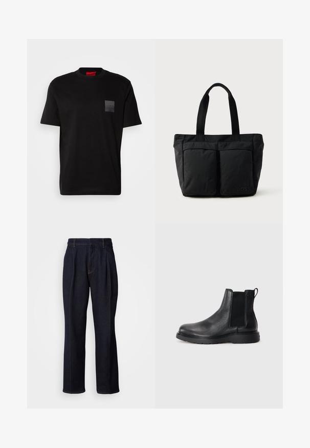 Schwarzes Baumwoll-T-Shirt mit Rundhalsausschnitt, versehen mit einem strukturierten schwarzen Patch mit Logo auf der linken Brust. Kurze Ärmel und entspannter Schnitt.; Dunkelblaue weit geschnittene Jeans mit vorderen Falten und orangen Nähten, auf weißem Hintergrund gezeigt.; Schwarze Leder-Chelsea-Boots mit strukturiertem Finish, elastischen seitlichen Einsätzen und einer robusten Gummisohle. Dezentes Branding an der Ferse.; Schwarze Tragetasche aus weichem Stoff, mit zwei vorderen Taschen und stabilen Tragegriffen. Logo an der Seite angebracht. Einfaches, funktionales Design.