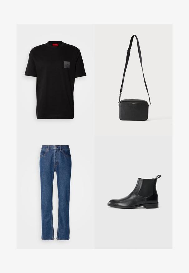 Sort bomulds T-shirt med rund hals, prydet med en struktureret sort lap med logo på venstre bryst. Korte ærmer og afslappet pasform.; Blå denimjeans med lige snit, fem-lomme-design og lys syning. Har lynlås og knaplukning foran.; Sorte læder ankelstøvler med elastiske sidepaneler, rund tå og en trækloft. Glat tekstur, flad sål, minimalistisk design.; Sort rektangulær crossbody taske med justerbar rem og BOSS-logo foran, sat mod en ensfarvet lys baggrund.