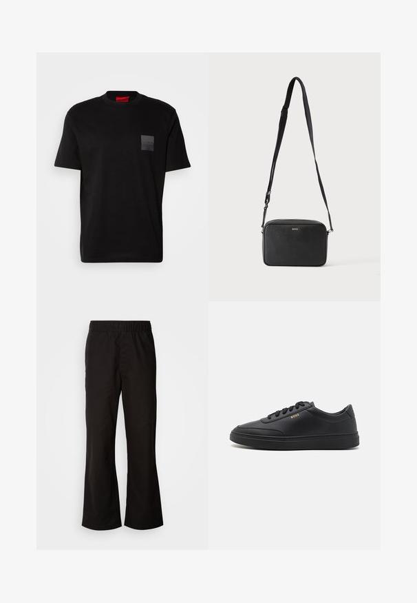 Sort bomulds T-shirt med rund hals, prydet med en struktureret sort lap med logo på venstre bryst. Korte ærmer og afslappet pasform.; Sorte bukser med elastisk talje og n tapered form, lavet af glat bomuldsstof. Har et enkelt design og lige benåbninger.; Sorte lædersneakers med en glat overflade, rund tå, flad gummisål og tonede snørebånd. Udstyret med guld "BOSS" branding på siden.; Sort rektangulær crossbody taske med justerbar rem og BOSS-logo foran, sat mod en ensfarvet lys baggrund.