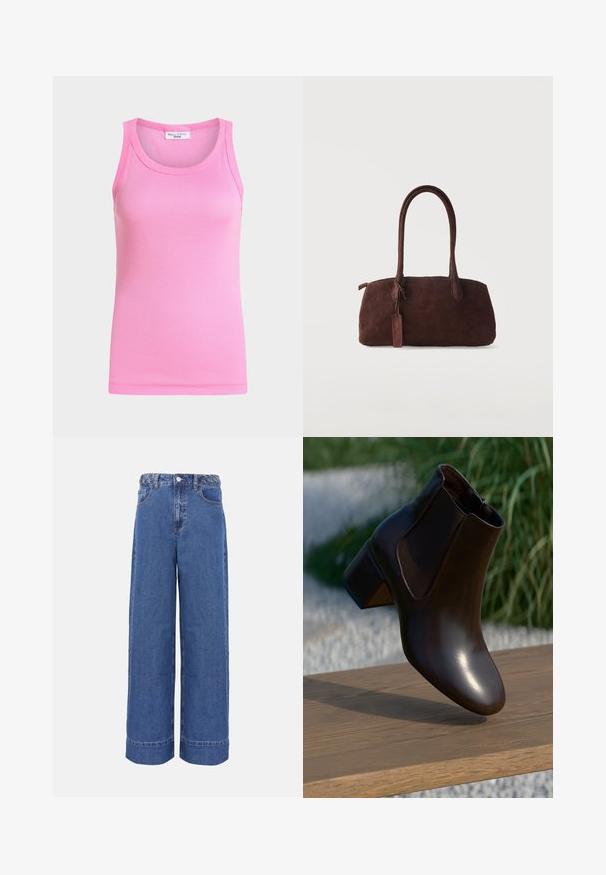 Débardeur côtelé rose sans manches avec encolure ronde de Marc O'Polo Denim, présenté sur un fond clair uni.; Jean en denim bleu à jambes larges avec ceinture tressée, bouton frontal et poches, présenté sur un fond uni.; Bottine en cuir marron avec un bout rond et un petit talon block, dotée de panneaux latéraux élastiques et d'une finition lisse et brillante.; Sac à main en daim marron foncé avec deux longues anses et une petite étiquette attachée, sur un fond clair uni.