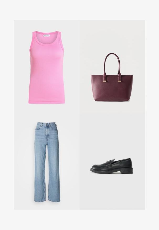 Débardeur côtelé rose sans manches avec encolure ronde de Marc O'Polo Denim, présenté sur un fond clair uni.; Jean taille haute bleu clair avec une jambe droite, en denim, présentant une fermeture à bouton sur le devant et des détails de décoloration subtils.; Mocassins en cuir noir avec un bout arrondi, des détails cousus et un petit talon. Texture lisse et semelle en caoutchouc flexible.; Sac fourre-tout en cuir violet foncé avec deux poignées et petit logo de marque doré sur le devant, posé sur un fond clair uni.